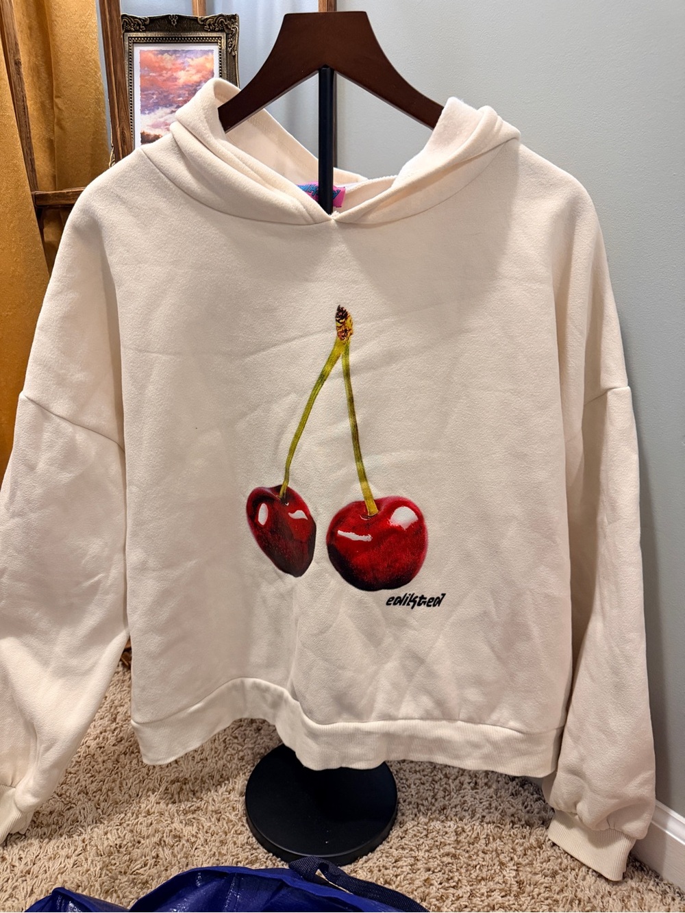 Edikted Cream Hoodie with Red Cherry Graphic